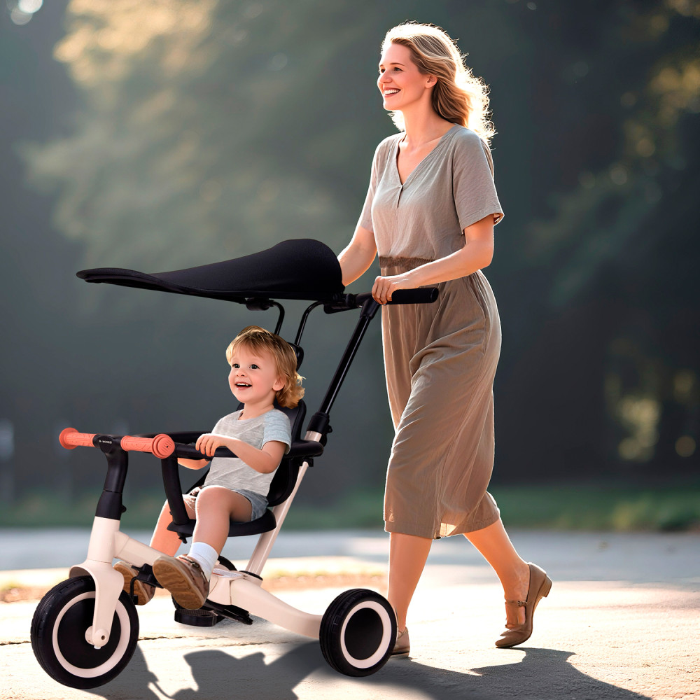 Детский беговел-велосипед 8в1 с крышей и ручкой, бежевый - TR010-BEIGE