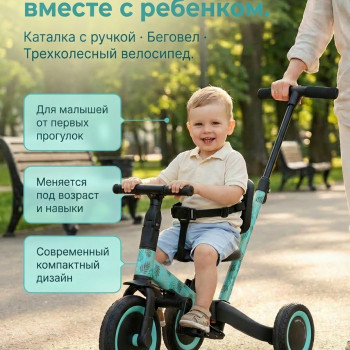 Детский беговел-велосипед 6в1 с родительской ручкой, зеленый с рисунком - TR008-CYAN-PAINT