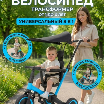 Детский беговел-велосипед 8в1 с крышей и ручкой, синий - TR008C-BLUE