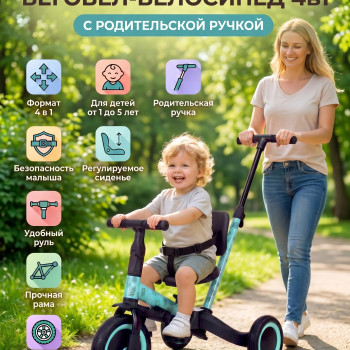Детский беговел-велосипед 4в1 с родительской ручкой, зеленый с рисунком - TR007-CYAN-PAINT