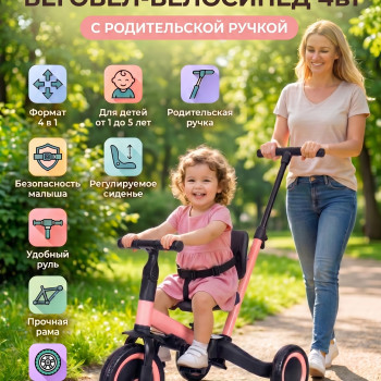 Детский беговел-велосипед 4в1 с родительской ручкой, розовый - TR007-PINK