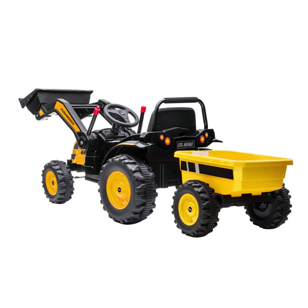 Детский электромобиль трактор с ковшом и прицепом (желтый, 2WD, EVA) - HL389-LUX-YELLOW-TRAILER