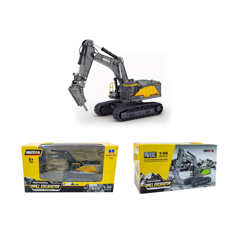 Металлический экскаватор с отбойным молотом HUI NA TOYS масштаб 1:50 - HN1723-YELLOW