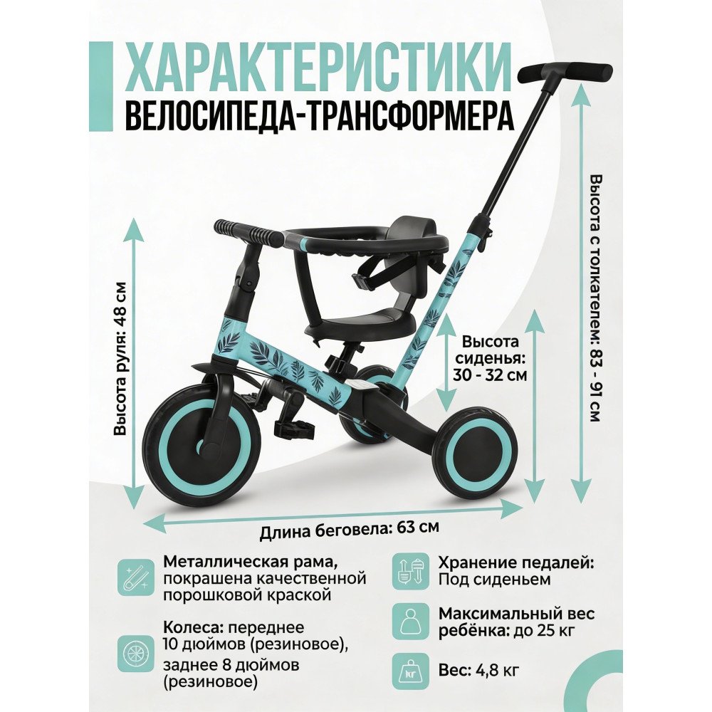 Детский беговел-велосипед 6в1 с родительской ручкой, зеленый с рисунком - TR008-CYAN-PAINT